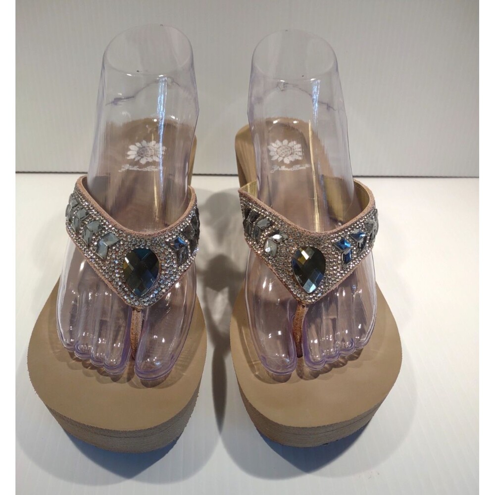 Yellow Box 7.5 Flip Flops Wedge Rhinestone Leather Upper Beach Wedding Resort